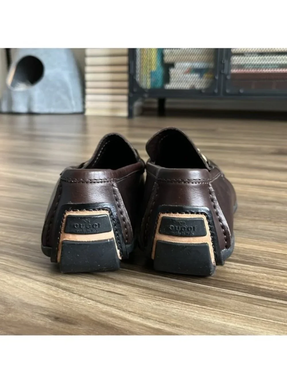 GUCCI Brown Leather Horsebit Driving Loafers Men's Back Heel Logo Rubber Sole